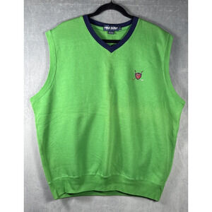 Polo Golf Ralph Lauren Vest Large Green Sweatshirt Plaid Crest V-Neck Pullover